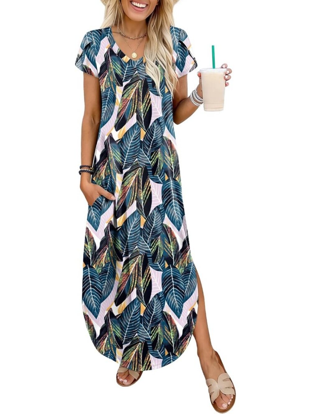 Women's Leaf Print V Neck Maxi Sundress Summer Casual Short Sleeve Split Pockets